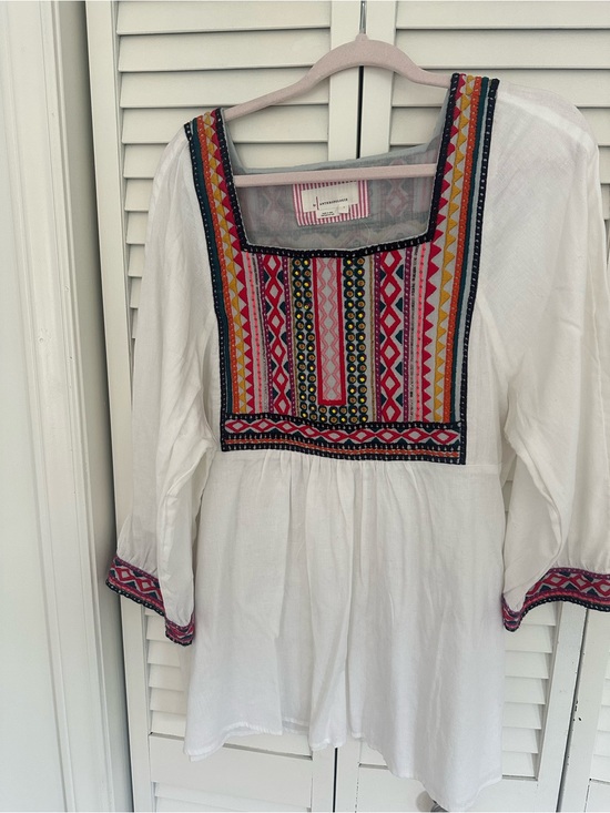 Anthropologie Tops - Anthropologie White Blouse with Pink Stripe Trim and Multi-Color Embroidery